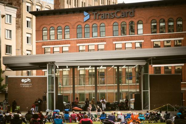 View of stage and lawn during concert at Miller Park