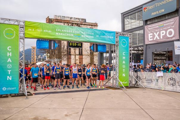 2024 Chattanooga Marathon Start Line -  people line up at the start line ahead of the marathon