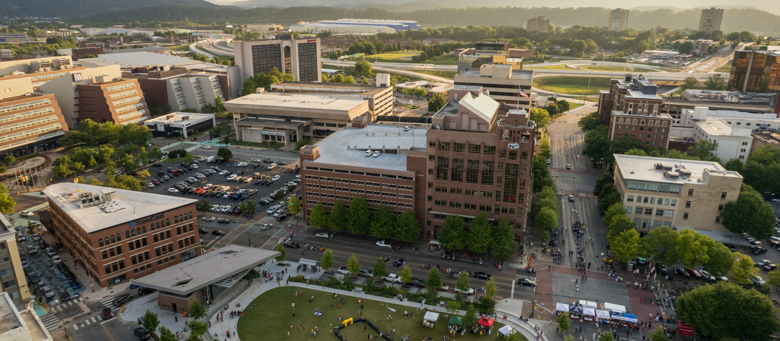 aerial view of event at Miller Park in heart of downtown Chattanooga